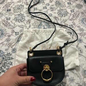 Authentic Chloe Bag Black Mini Leather Crossbody Bag with Gold Ring Detail